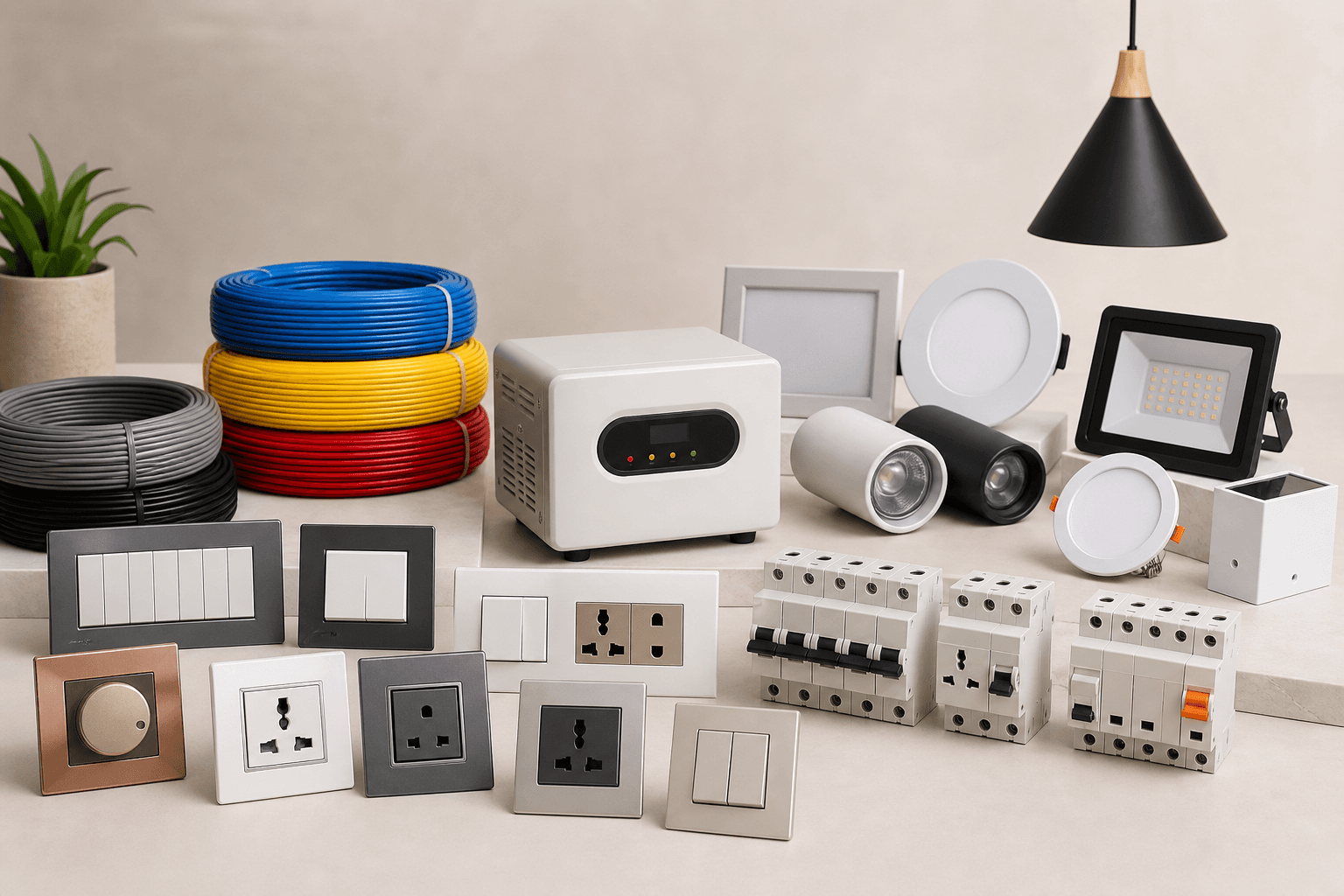 Electrical product range including wires, switches, MCBs, lighting and fans